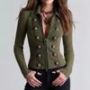 Dámská Vintage Pletená Bunda Límec Na Zip Dvouřadé Zapínání Knoflíky s Dekorací Slim Fit Zkrácená Dlouhý Rukáv Svrchní Oblečení