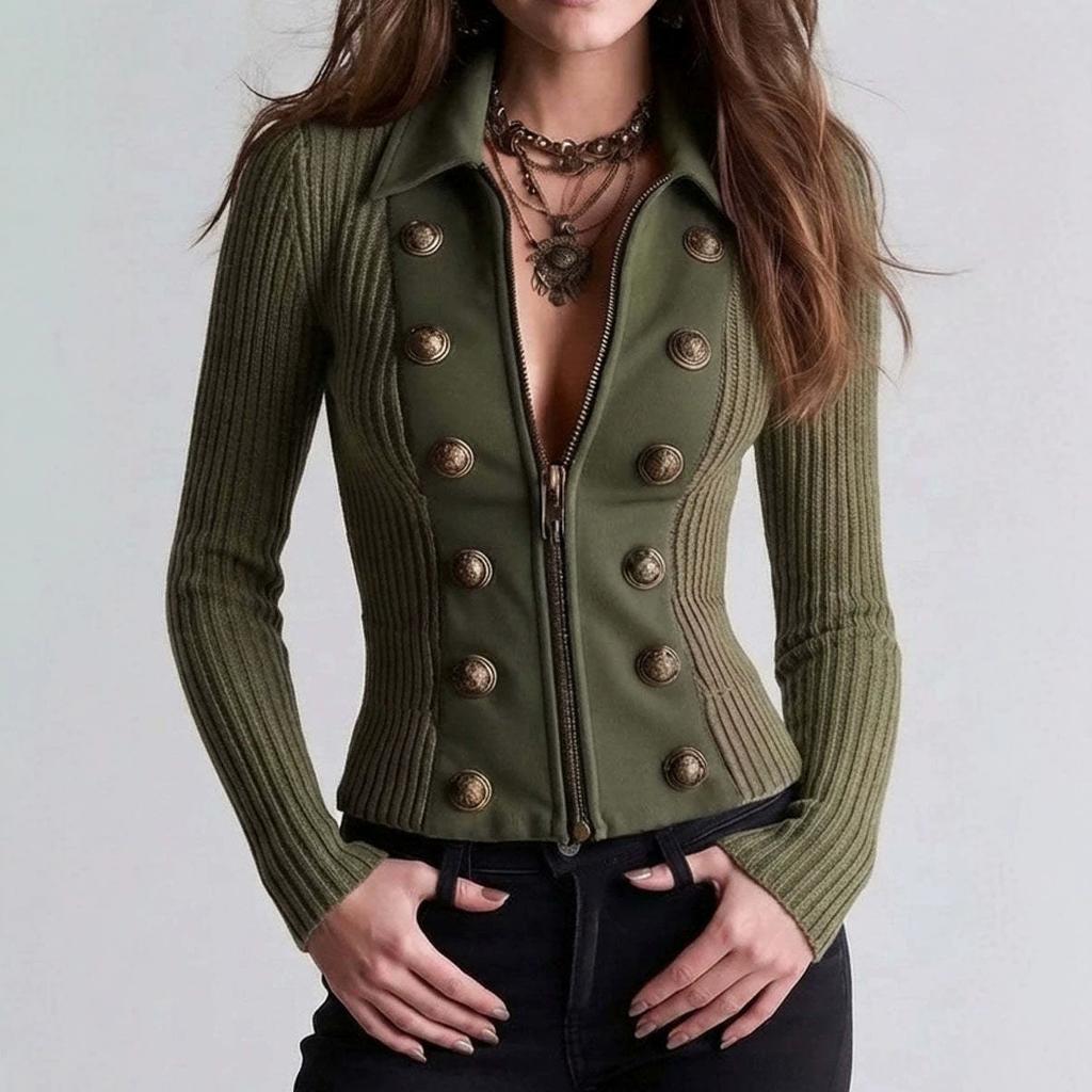 Dámská Vintage Pletená Bunda Límec Na Zip Dvouřadé Zapínání Knoflíky s Dekorací Slim Fit Zkrácená Dlouhý Rukáv Svrchní Oblečení