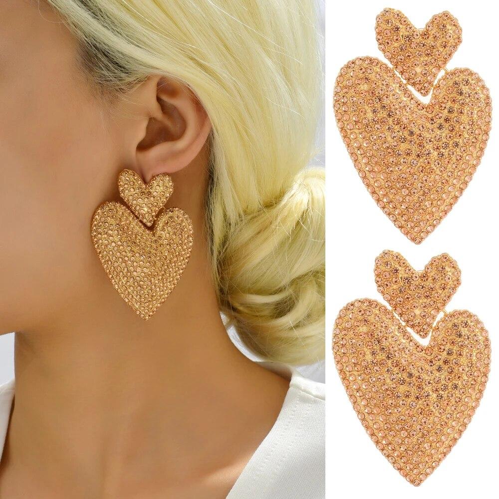 Decor metalic cu inimă, cercei cu picătură cu strasuri mari, pentru femei, farmec de tendință, design de lux, pandantiv pentru petrecere, accesorii de bijuterii