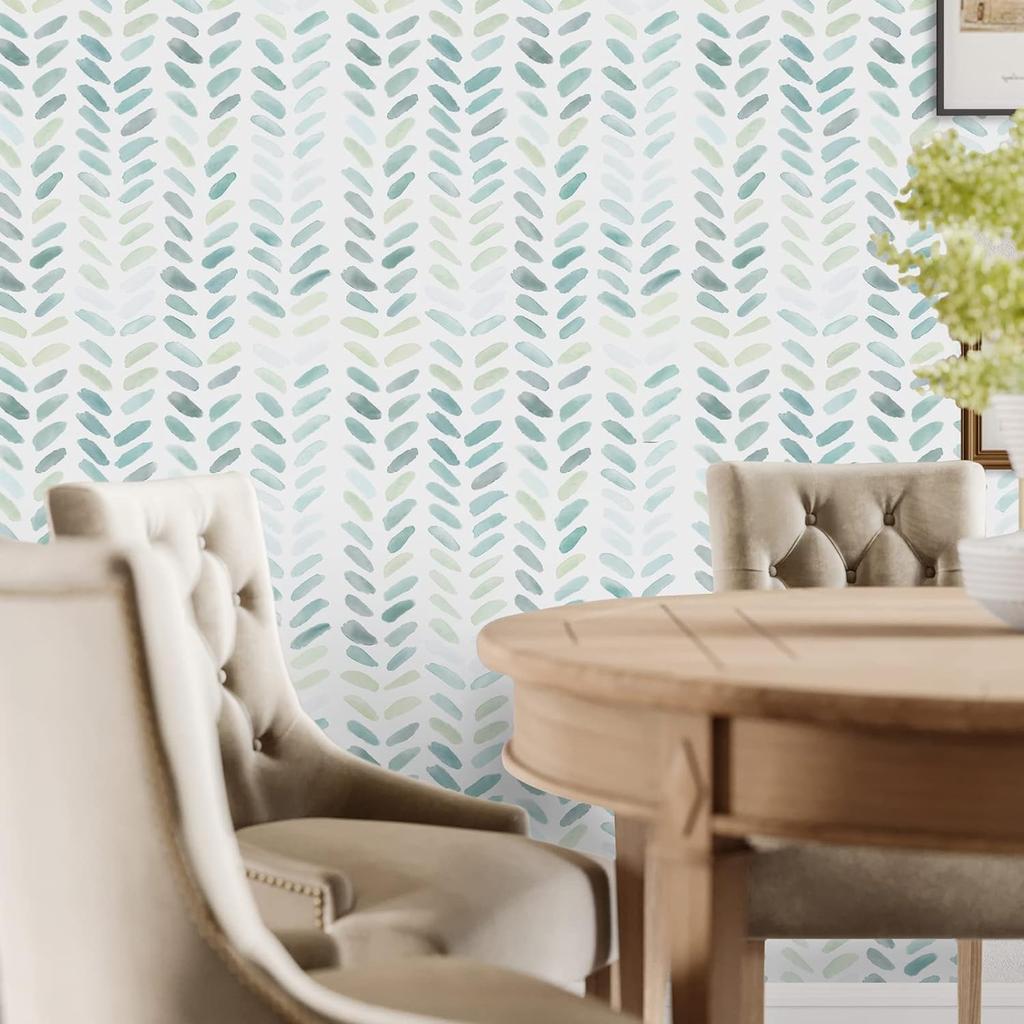 Grüne und Weiße Selbstklebende Tapete Boho Kontaktpapier Blatt Selbstklebende Abnehmbare Tapete Fischgrät-Tapete Für Kinder