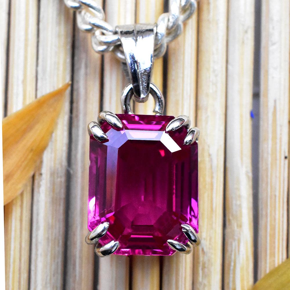 Natural Pink Ruby Pendant 24 ct Emerald Cut 925 Sterling Silver Gem'S Gemstone Jewelry Gift