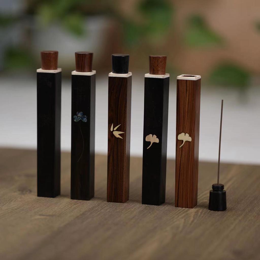 Black Sandalwood Incense Storage Box Portable Incense Tube Short Oval Incense Barrel Treasure In The Palm Wooden
