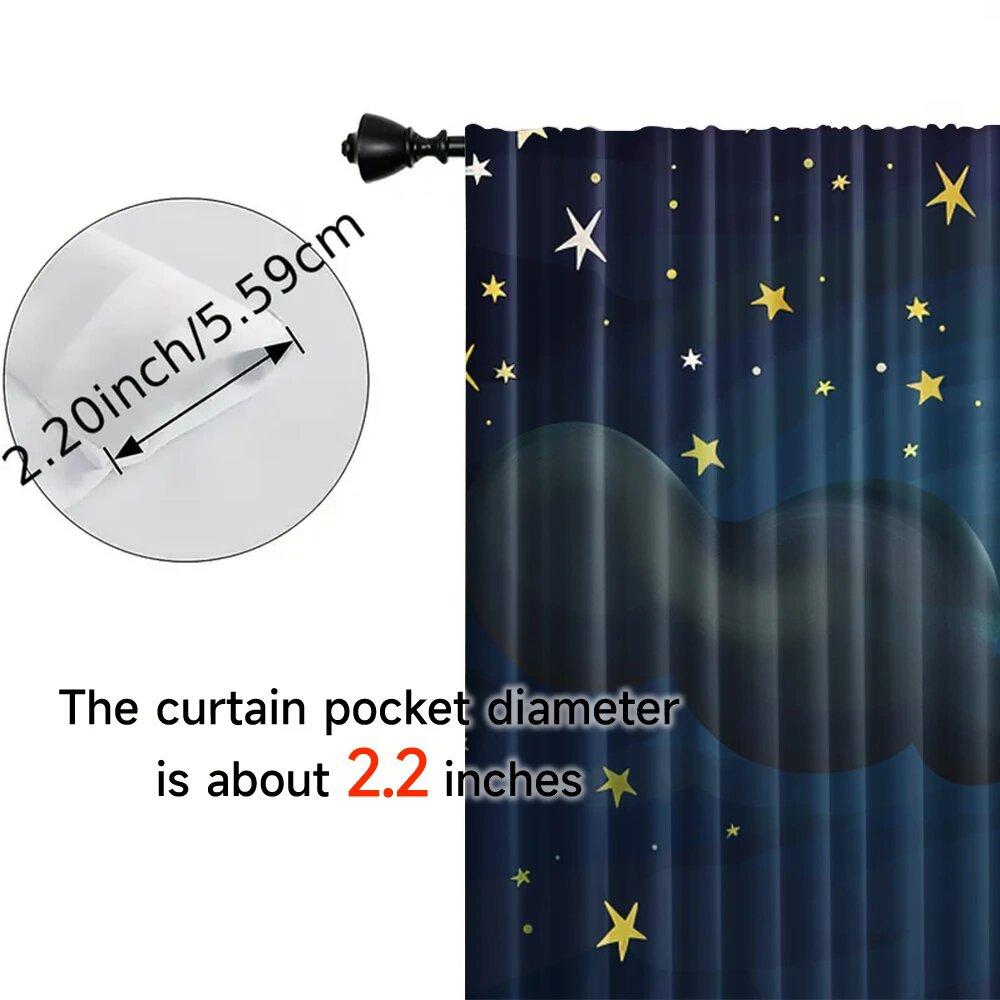 Set Of 2 Cat Full Moon Star Printed Curtains Roof Pole Bag Home Decoration Room Curtain Made Polyester