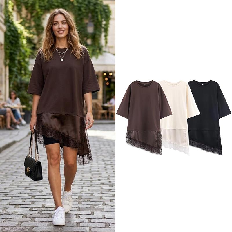 Willshela Damen Mode Uni Spitze Patchwork Asymmetrisches Hemd Vintage Rundhals Halbe Ärmel Weibliche Schicke Dame Bluse