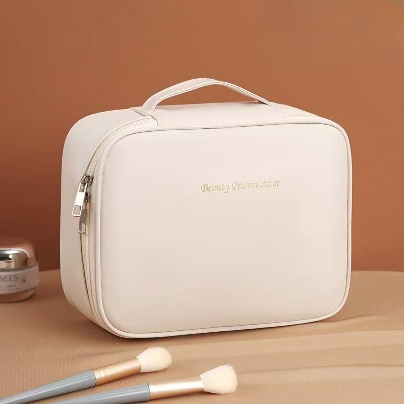 

Cosmetics Storage Bag with Divided Compartments, Hand-held Makeup Bag, Large-capacity Travel Cosmetics Storage Bag Milk apricot white