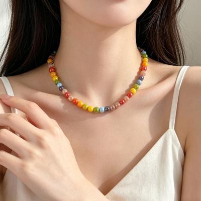Colorful Beaded Choker Pearlescent Round Bead Necklace Boho Beaded Necklace Jewelry for Women Holiday Summer Beach Vacation
