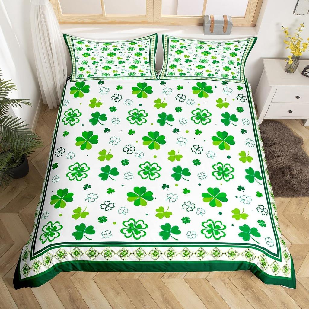 St.Patrick'S Day Duvet Cover Twin Queen Lucky Clover Leaves Bedding Set For Boys Girls Cartoon Comforter Cover With 2 Pillowcase