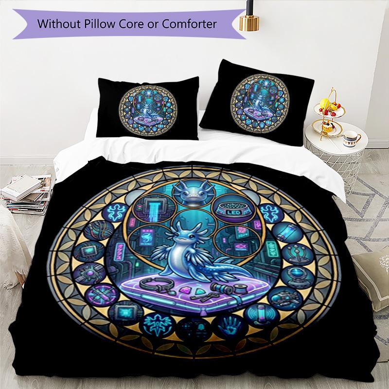 Cyber Axolotl Mandala Pattern Bedding,Quilt Set Quilt Cover Pillowcase Home Birthday Gift (1 * duvet cover + 2 * pillowcase, without core)