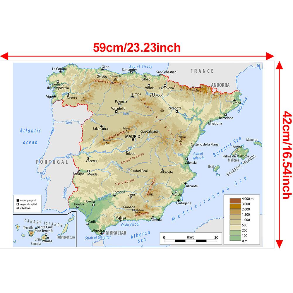 English Map Background Cloth-Spain Map-Terrain Decor Picture for Travel,Educational Tool,Photo Shoot Background