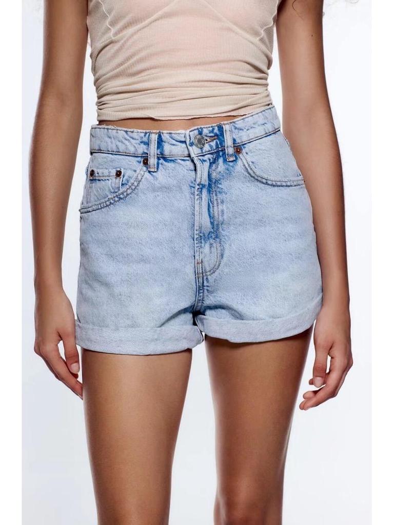 High-Waisted French Style Rolled Hem Denim Shorts