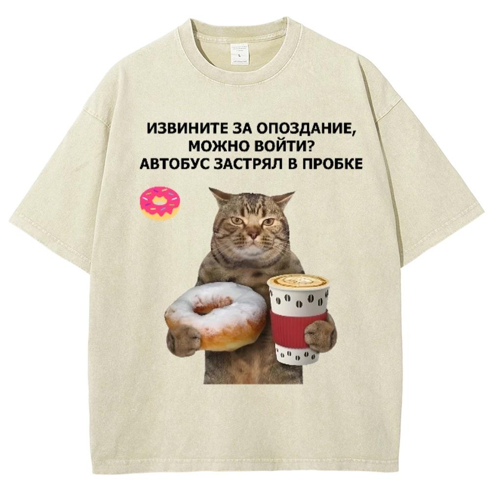 Unisex Fit Oversized Short Sleeved T-Shirts Graphic Tees Cat Donuts Pattern Creative Tops Summer for Women Men Female