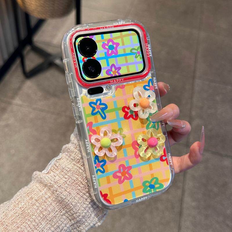 Plaid three-dimensional flower bracket is suitable for Apple 17promax mobile phone case 16/15/14 cute Xiaomi 17 women