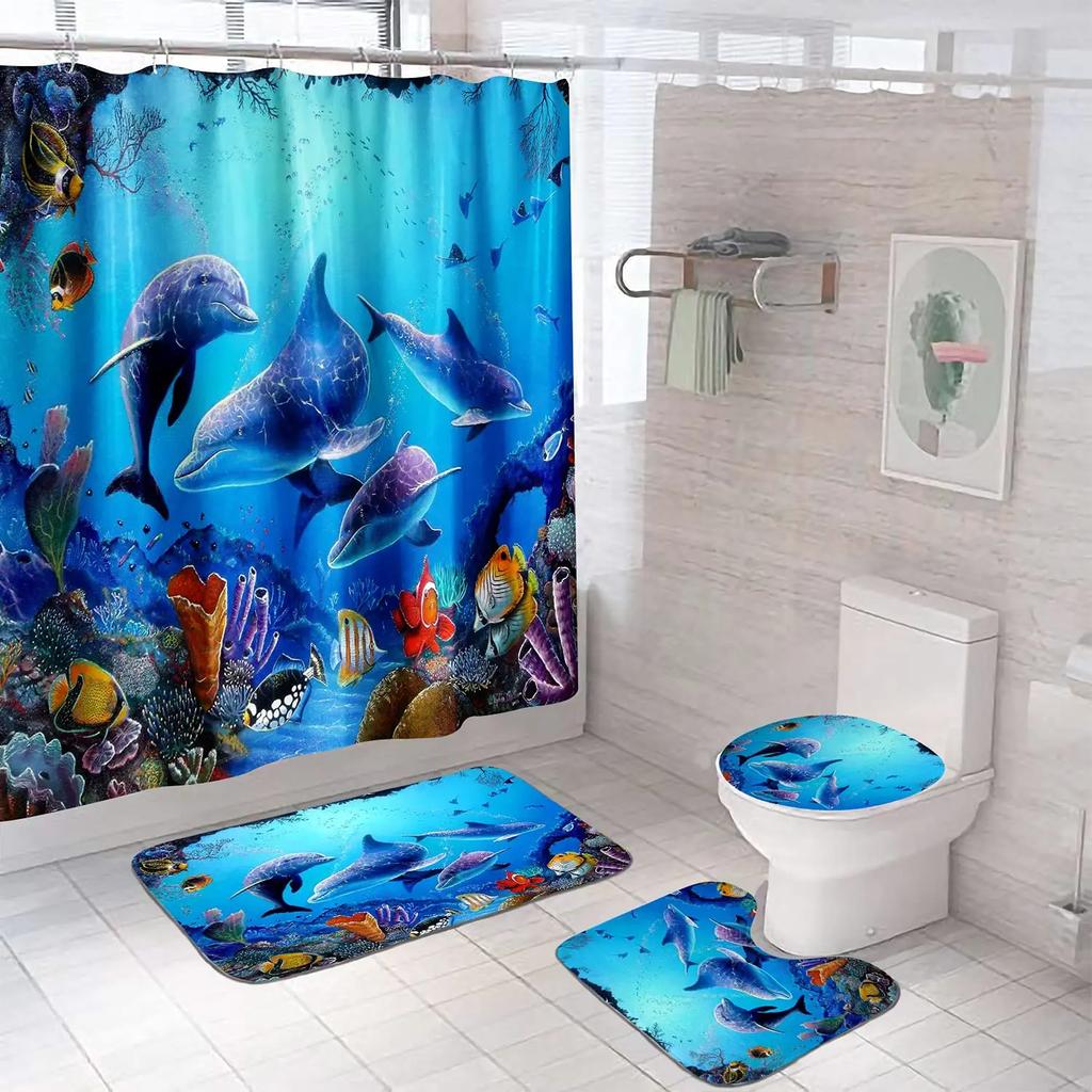Fashion Sea World Dolphin Shower Curtain Set Bathroom Shower Curtain Set Non-Slip Bath Mat Toilet Lid Cover Polyester Waterproof