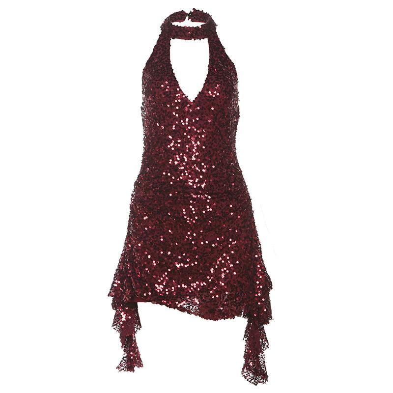 

Женское сексуальное платье-футляр в стиле светской львицы с V-образным вырезом и пайетками на бретелях S бордовый