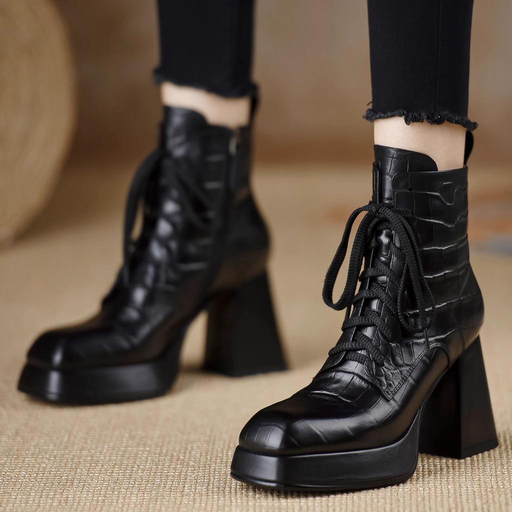 Women's shoes 2026 Spring and Autumn new waterproof platform top layer high heels short boots thick heel tie brown women