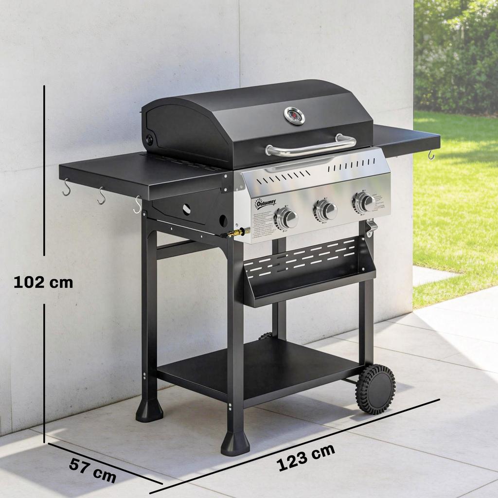 Gasgrill 9 KW 3 Brændere BBQ Grillvogn Rustfrit Stål inkl.. Sammenklappeligt sidebord Krydderistativ Nedre hylde 6 kroge