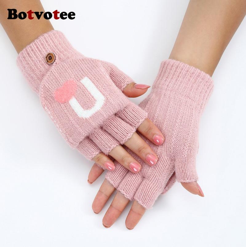 Botvotee Black Gloves Fingerless Gloves Women Winter Women Arm Warmers Knit Y2k Accessories Fashion Pink Love Cute Arm Sleeve