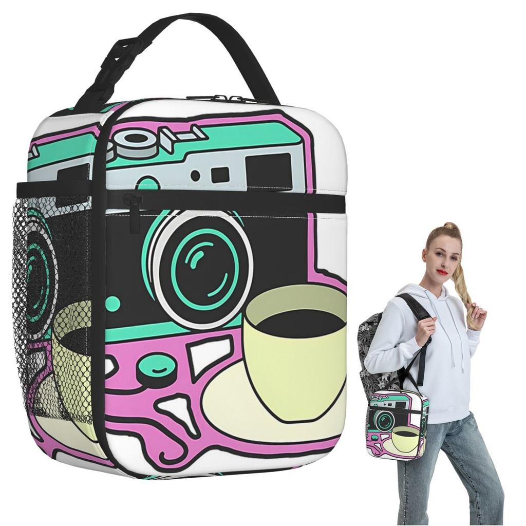 Camera And Coffee Pattern Insulated Lunch Bag for Women Children Portable Food Boxes Thermal Lunch Box Tote