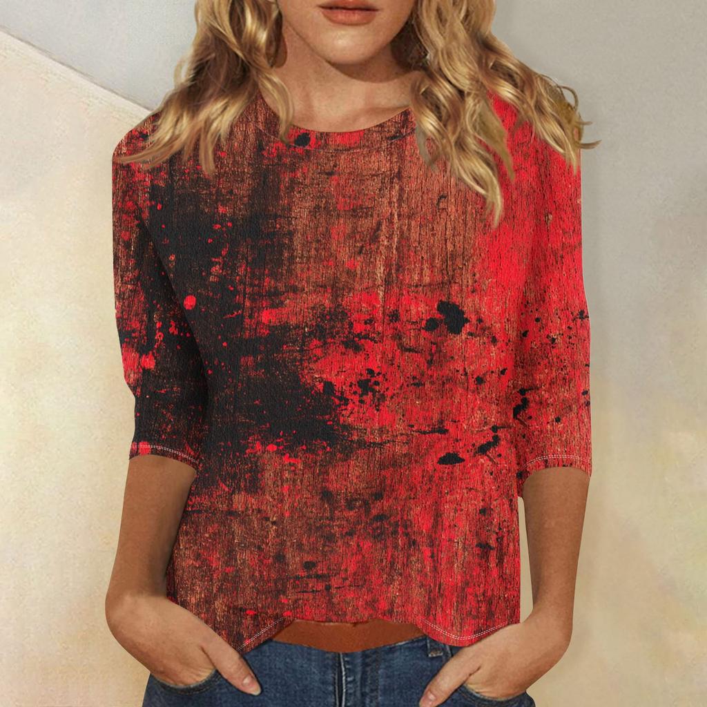Women's Fashion Casual Round Neck 3/4 Sleeve Loose  Printed T-Shirt Ladies Top