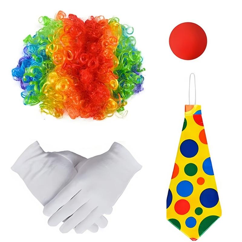 Komplettes Clown-Performance-Outfit Regenbogen-Perücke Fliege mit Accessoires für Themenveranstaltung und Rollenspiel Cosplay Kostüm