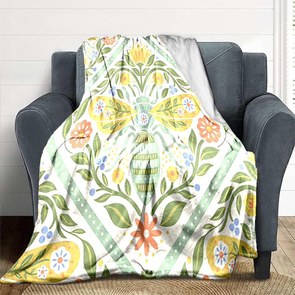 1pc Floral Bee Lightweight Flannel Blanket, Comfortable and Warm Blanket, for Office and Camping Sofa Bed139
