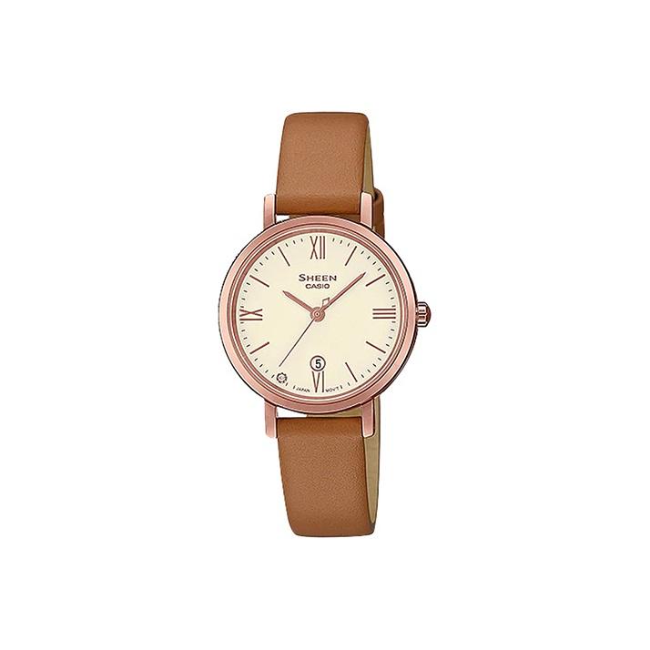 CASIO Women s SHEEN White Watch SHE-4540CGL-9AUPR Brown Strap