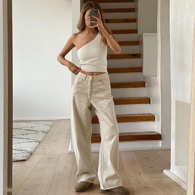 Europa und die Vereinigten Staaten Beige Straight Leg Loose Casual Pants Damenmode Ins Spring High Waist Thin Wide Leg Mop Pants Jeans