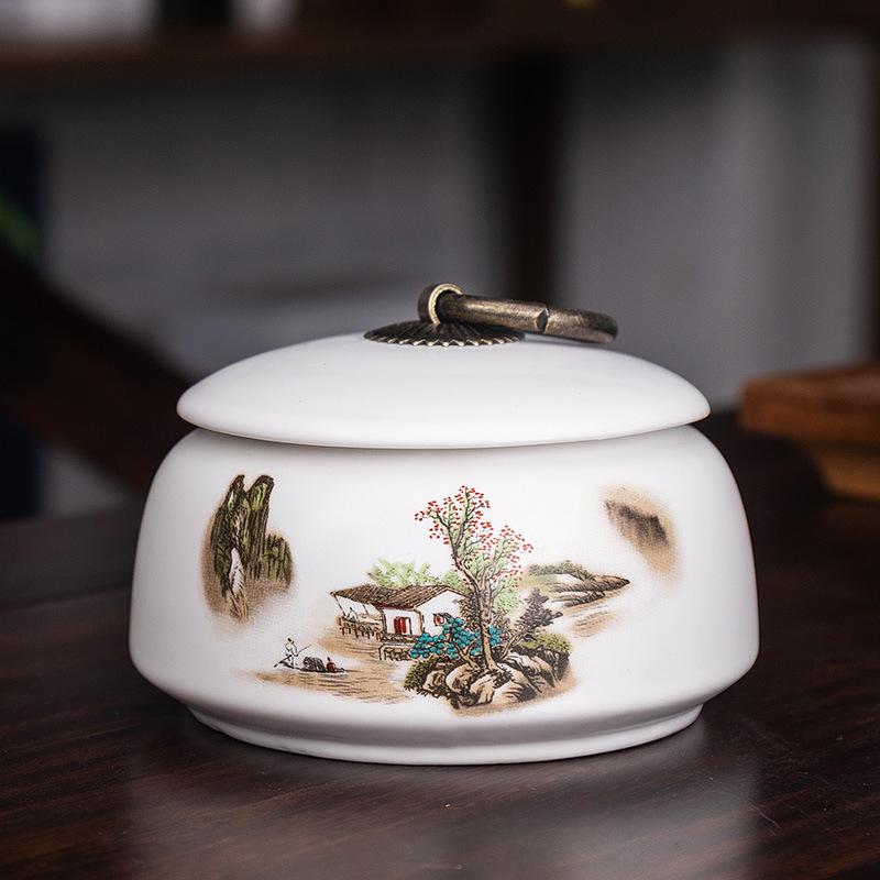 Creative Ceramic Landscape Flower Storage Jar with Lid Tea Jar Home Small Medicine Powder Candy Nut Jar Food Sealed Storage Jar