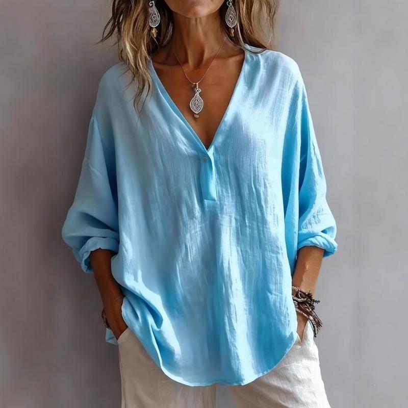 Women Casual Loose Solid Color V Neck Long Sleeve Pullover Shirt