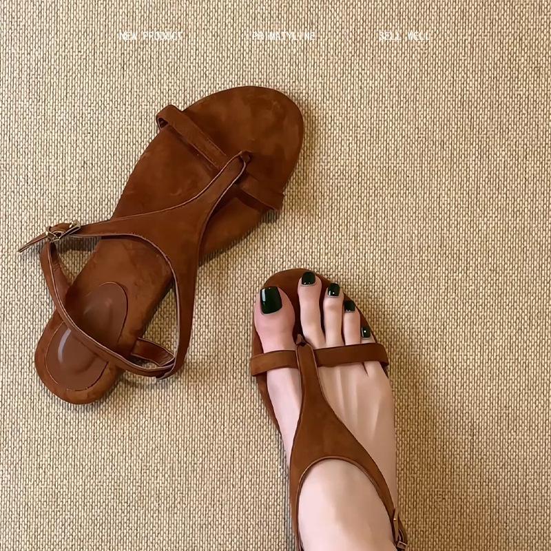 Sheepskin version! Korean version of the design sense flat sandals women's word with retro toe Roman sandals casual beach shoes
