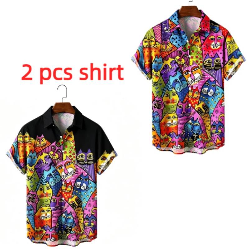 Summer Fashion Funny Colorful Cartoon Cat Printing Shirt Hawaiian Beach Vacation Clothing Men's Street Style Shirt Daily Men's and Women's Shirt