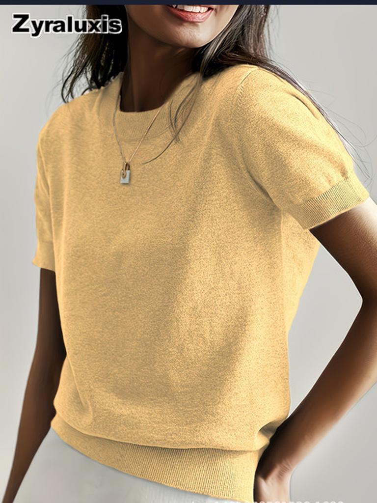 Women's Knitted Short Sleeve T-Shirt for Summer Casual Loose Pullover