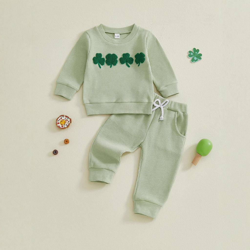 Unisex Baby St. Patrick's Day Clover Embroidered Striped Two-Piece Set (Autumn/Winter)