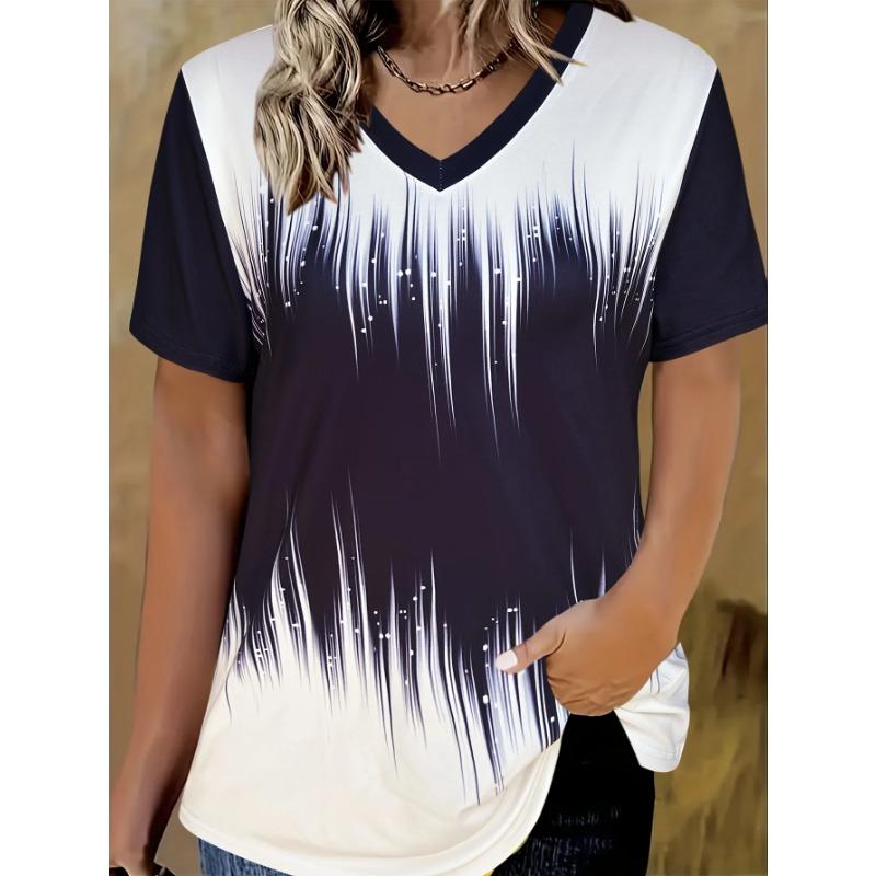 T-shirt Women's Summer Casual Elegant V-neck Short-sleeved Gradient Top Loose Casual Wear Ladies T-shirt