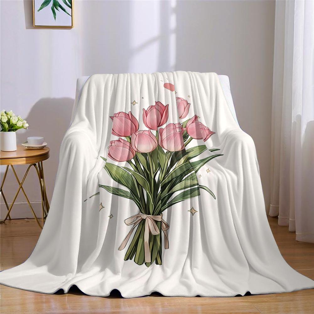 Blush Tulp Boeket Flanellen Deken Warm Zacht Halloween Kerst Bank Warm Gezellig Decoratief Decor Cadeau voor Elk Seizoen