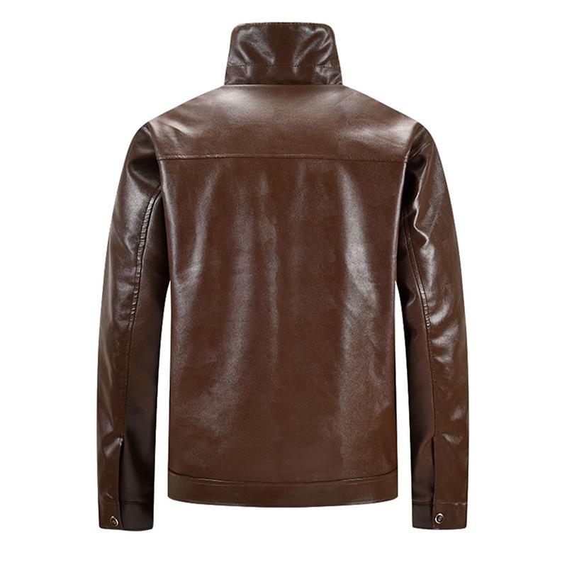 Autumn and Winter New Men's Leather Jacket Men's Solid Color Velvet Windproof Stand-up Collar Dad Jacket