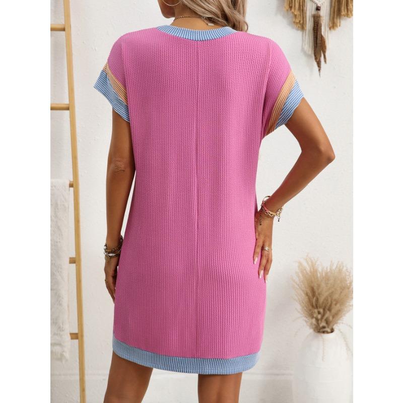 Women's Summer Casual Color Contrasting Twisted Strip Short Sleeve Pocket Dress