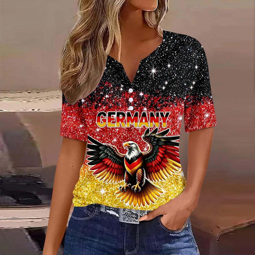 Women's V Neck Short Sleeve Button T Shirt Soccer Print Fan Top World Cup Supporter Apparel Casual Fit Lightweight Fabric