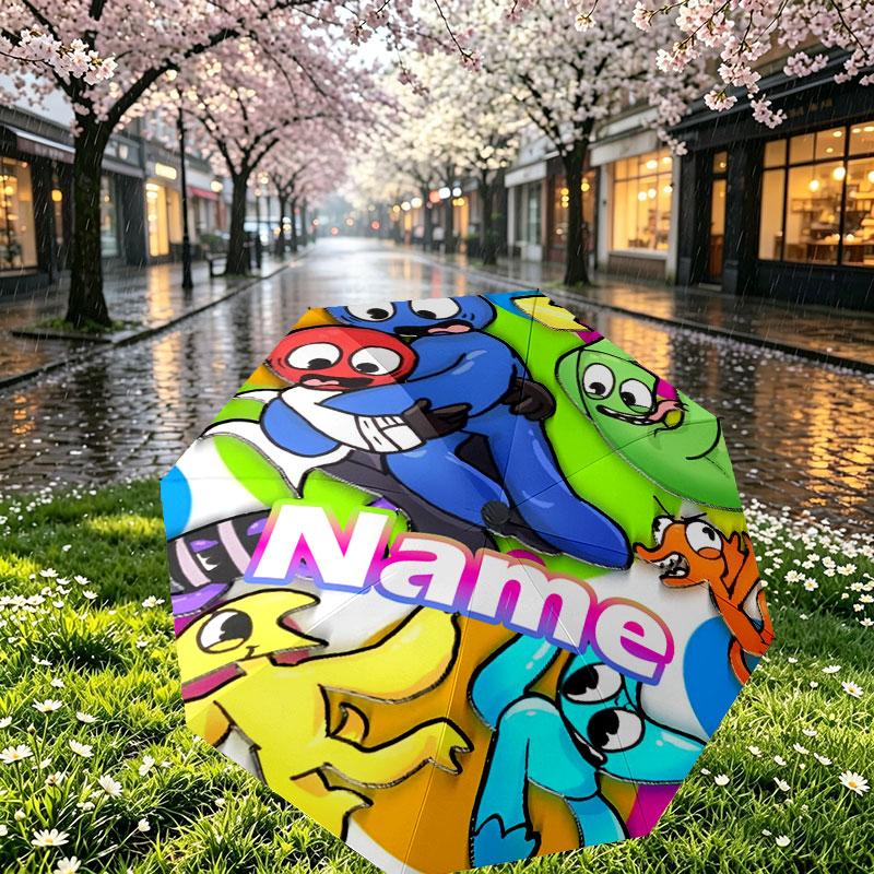 Custom Name Personalized Game Rainbow Friends Print Umbrella, Auto Open Close, 8‑Rib Sturdy Frame, Commute Camping Hiking Use, Birthday Gift