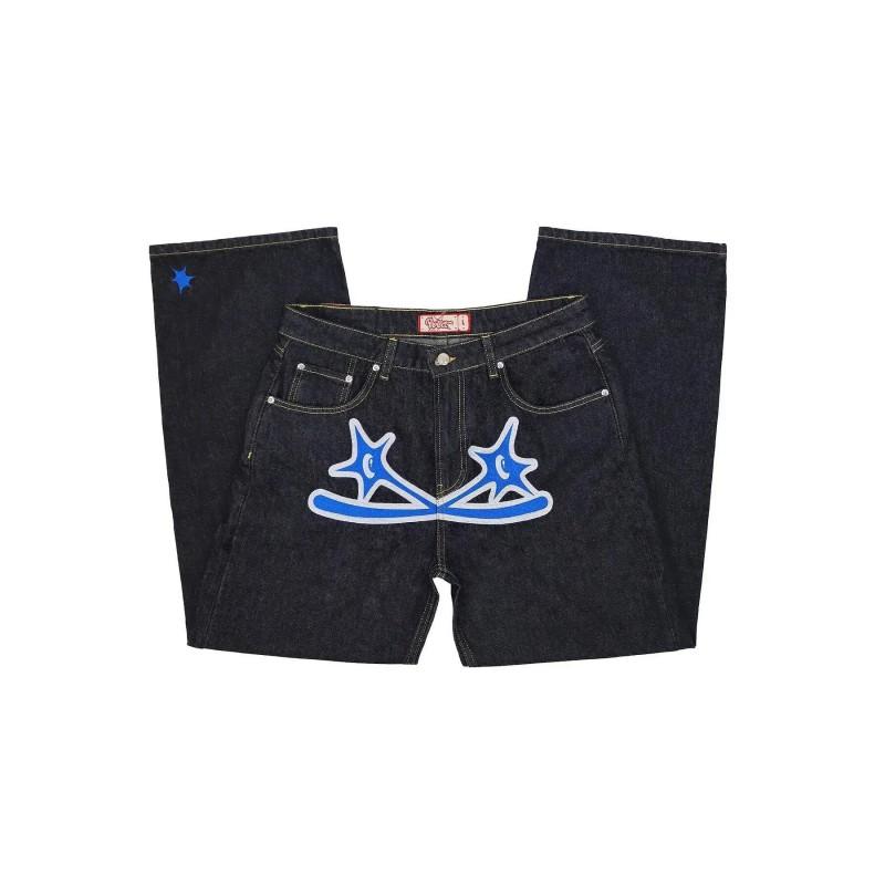 Mens Hip Hop Streetwear Baggy Jeans With Print Design Cotton Stretch Denim Trousers Casual Fall Wear