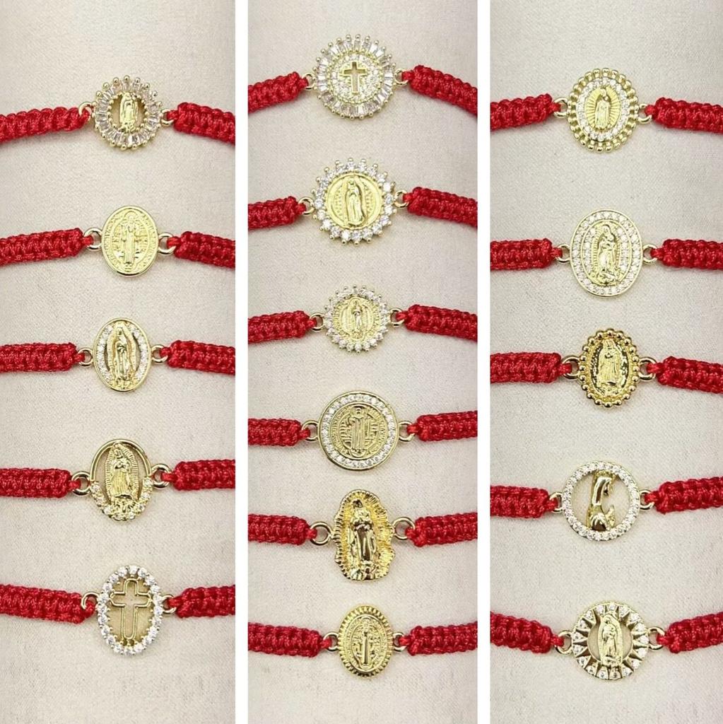 Adjustable Red Braided String Bracelet Virgin Mary Guadalupe Saint Benedict Cross Medal Religious Protection Jewelry