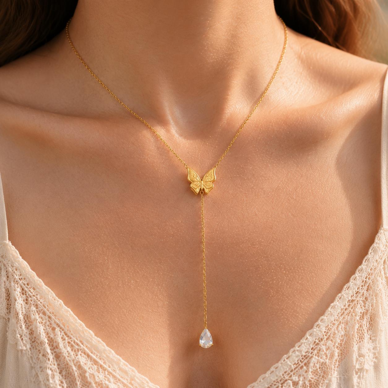 Butterfly Zircon Tassel Pendant Necklace, Adjustable Long Chain Y Shape Lariat Necklace, Waterproof Stainless Steel Jewelry Gift
