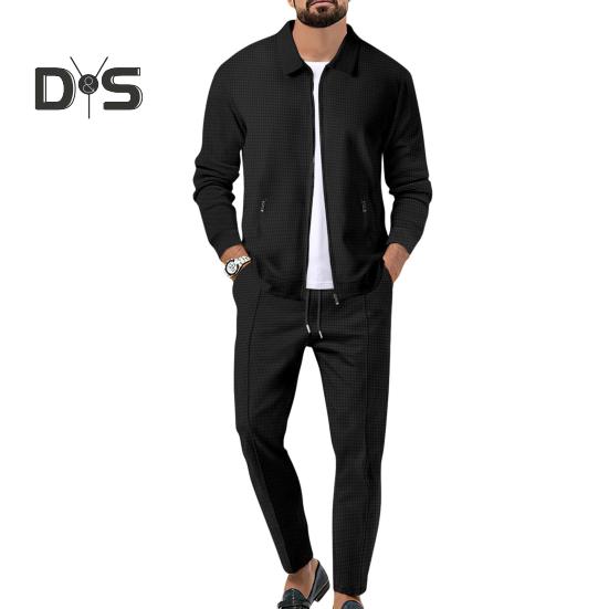 

2 шт./компл. мужской осенний костюм с лацканами, длинным рукавом, застежкой-молнией, кардиганом, эластичным шнурком на талии, длинными брюками, повседневная одежда с вафельной текстурой M