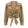 Women Sexy Cross Wrap V Neck Tie Front Lantern Sleeve Blouse European Retro High Waist Short Lapel Shirt Daily Slim Crop Tops