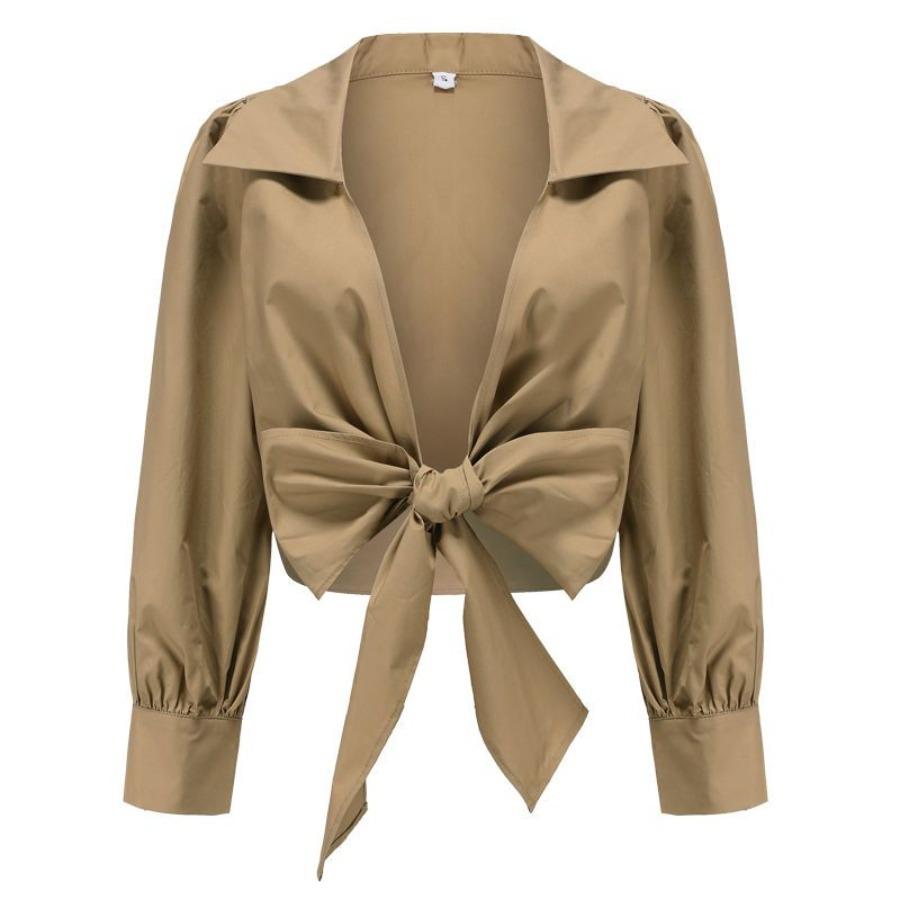 Women Sexy Cross Wrap V Neck Tie Front Lantern Sleeve Blouse European Retro High Waist Short Lapel Shirt Daily Slim Crop Tops