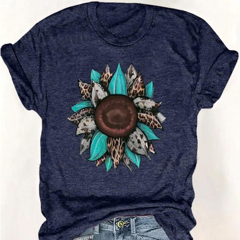 

Fashion Women Personality Funny Flower Print T Shirt Funny Casual O-neck Short Sleeves T-shirt Summer Female Tee Shirt 8XL темно-синього кольору