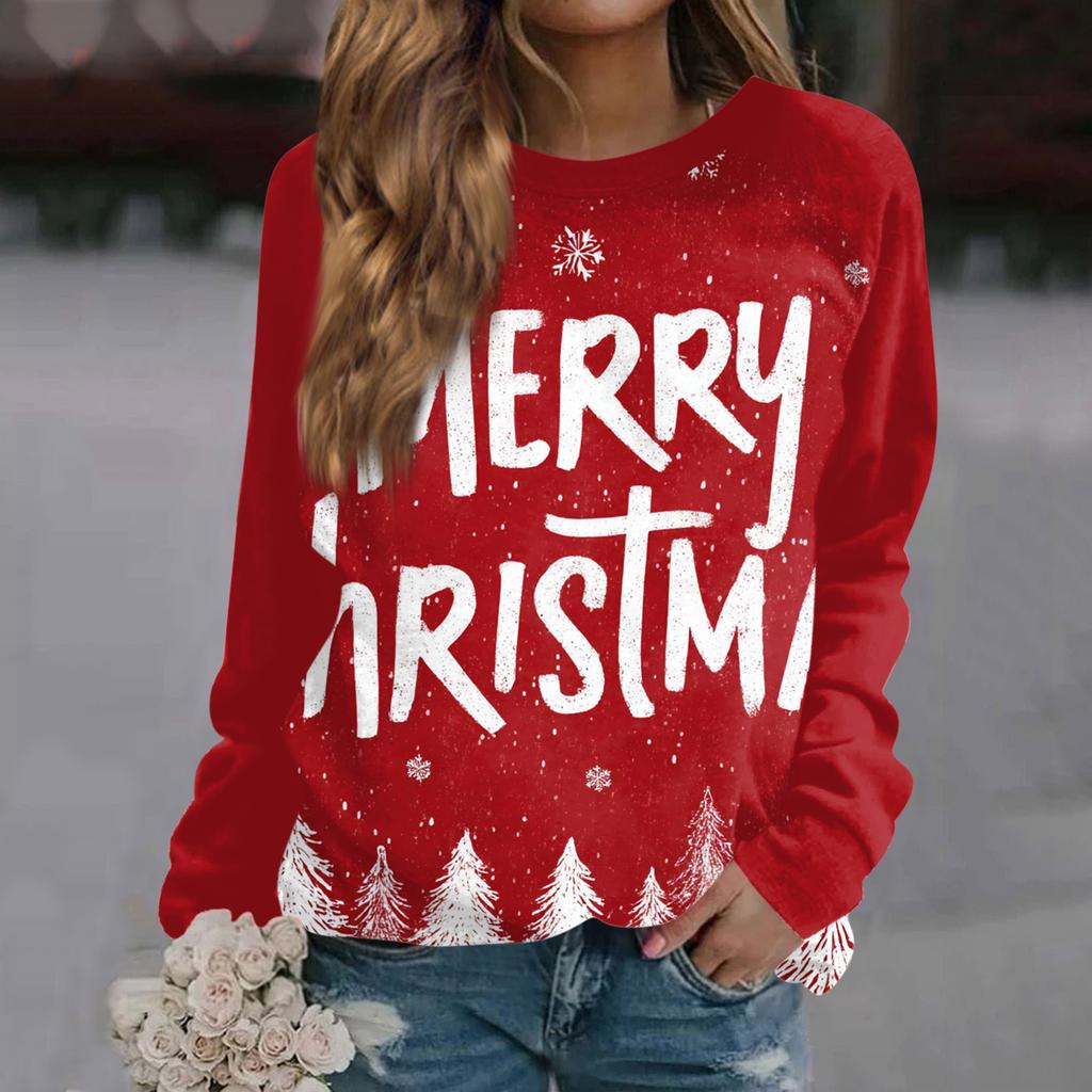 Women's Fashion Casual Long Sleeve Christmas Printed  Neck Sweatshirt Top