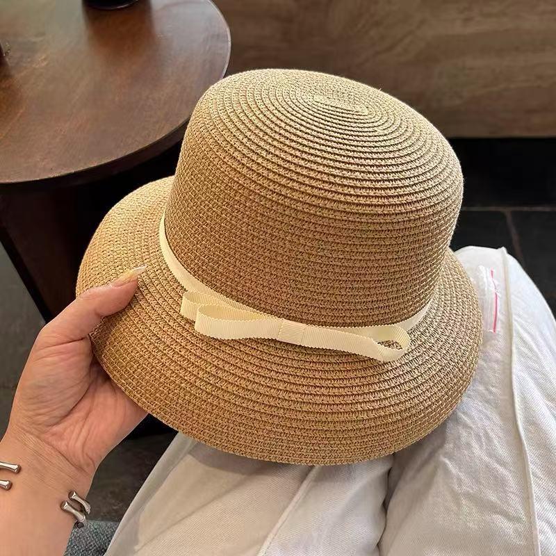 Elegant Hepburn Women Beach Sunshade Sun Hat  Summer Retro Sunscreen Hat Bow Fisherman Hat