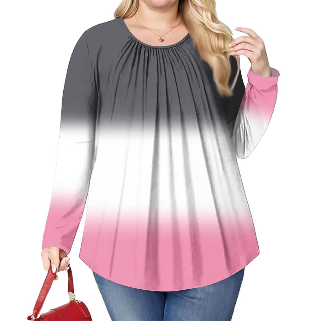 Women's Plus Size Fashion Printed Casual Pleated Round Neck Long Sleeve Top