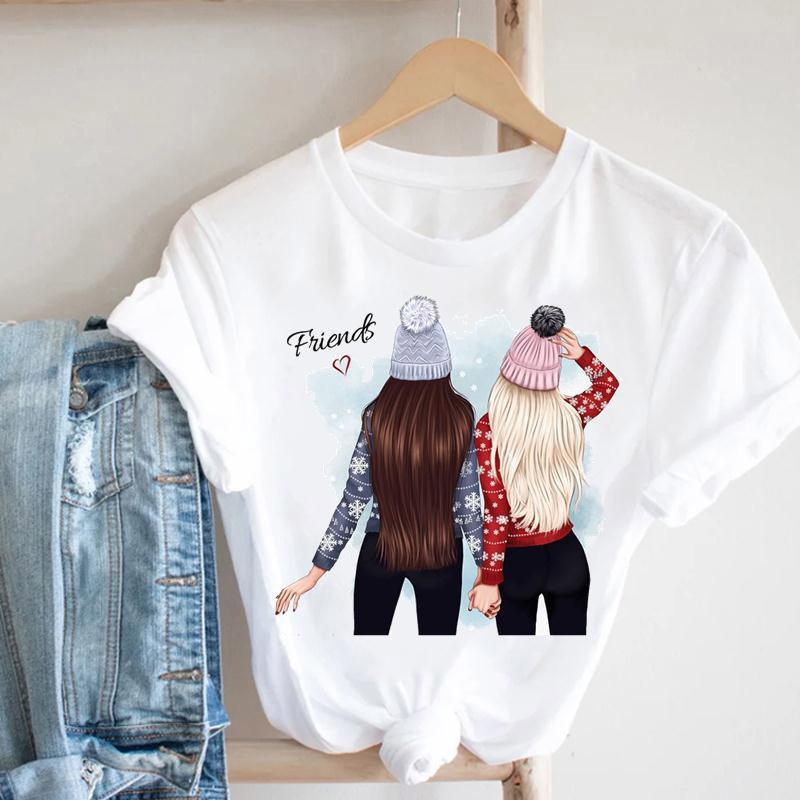 Cartoon Rudolph Reindeer Snowflake Print T Shirt Women Merry Christmas Holiday Short Sleeve Top